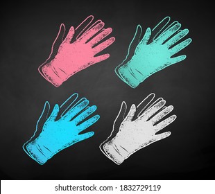 Vector color chalk drawn illustration set of rubber gloves on black chalkboard background.
