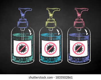 Vector color chalk drawn illustration set of sanitizer bottle on black chalkboard background.