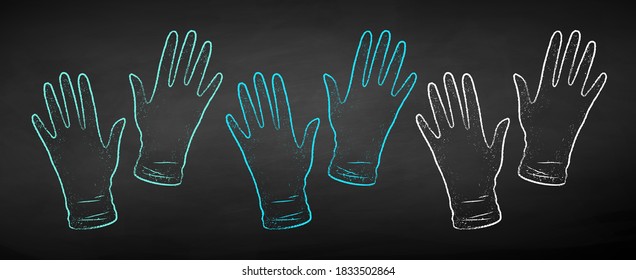 Vector color chalk drawn illustration set of rubber gloves on black chalkboard background.