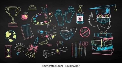 Vector color chalk drawn illustration collection of new normal education objects and owl sitting on books wearing face mask on black chalkboard background.