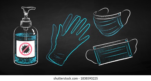 Colección de ilustraciones con tiza de color vectorial de botella de sanitizer, máscaras faciales y guantes de goma sobre fondo de pizarra negra.