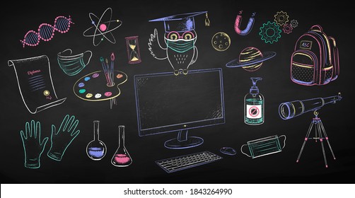 Vector color chalk drawn illustration collection of new normal education objects and owl sitting on desktop computer wearing face mask on black chalkboard background.