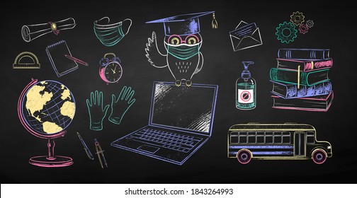 Vector color chalk drawn illustration collection of new normal education objects and owl sitting on laptop wearing face mask on black chalkboard background.