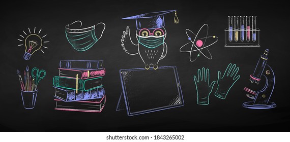 Vector color chalk drawn illustration collection of new normal education objects and owl sitting on digital tablet wearing face mask on black chalkboard background.