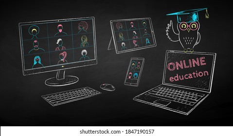 Vector color chalk drawn illustration of online education concept on black chalkboard background. Owl in mortarboard and electronic devices. 