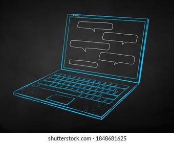 Vector color chalk drawn illustration of computer on black chalkboard background.