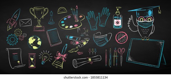 Vector color chalk drawn illustration set of new normal education objects and owl sitting on digital tablet wearing face mask on black chalkboard background.