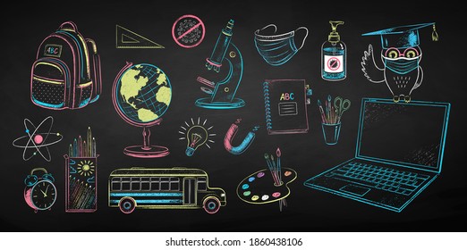 Vector color chalk drawn illustration set of new normal education objects and owl sitting on laptop wearing face mask on black chalkboard background.