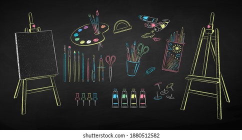 Vector color chalk drawn illustration collection of art students supplies on chalkboard background.