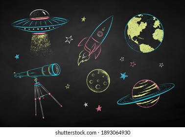 Vector color chalk drawn illustration collection of space objects on black chalkboard background.