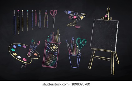 Vector Color Chalk Drawn Illustration Set Of Art Students Supplies On Chalkboard Background.