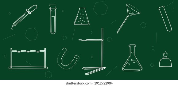 Vector color chalk drawn illustration set of science objects on green chalkboard background.