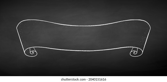 Vector color chalk drawn illustration of line art scroll ribbon banner on chalkboard background.