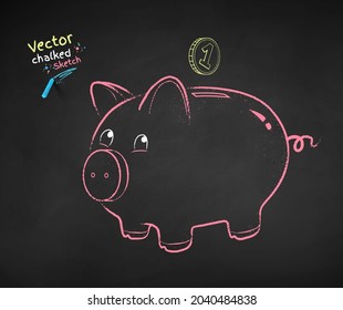Vector color chalk drawn illustration of cute piggy bank on black chalkboard background.