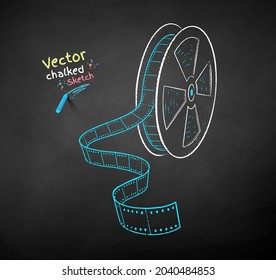 Vector color chalk drawn illustration of film reel on black chalkboard background.