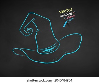 Vector color chalk drawn illustration of witch hat on black chalkboard background.