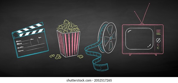 Vector color chalk drawn illustration set of movie symbols on black chalkboard background.