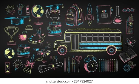 Vector color chalk drawn illustration collection of education and science items on chalkboard background.