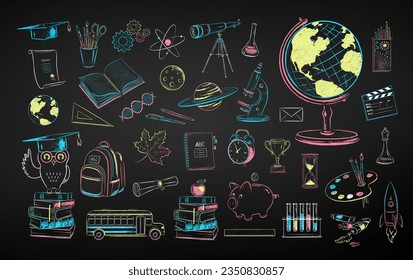 Vector color chalk drawn illustration collection of education and science items on chalkboard background.