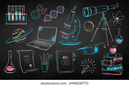 Vector color chalk drawn illustration set of education and science items on chalkboard background.