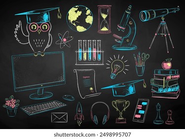Vector color chalk drawn illustration set of education and science items on chalkboard background.