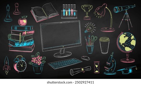 Vector color chalk drawn illustration collection of online education and science items on chalkboard background.