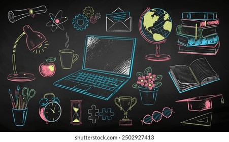 Vector color chalk drawn illustration set of online education and science items on chalkboard background.