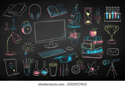 Conjunto de ilustración dibujada a tiza de color de Vector de artículos de educación y ciencia en línea sobre fondo de pizarra.
