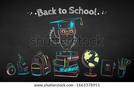 Vector color chalk drawn illustration poster of education symbols on black chalkboard background.