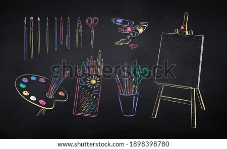 Vector color chalk drawn illustration set of art students supplies on chalkboard background.