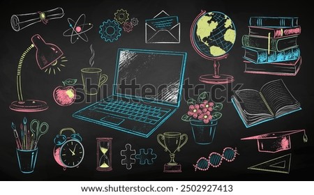 Vector color chalk drawn illustration set of online education and science items on chalkboard background.