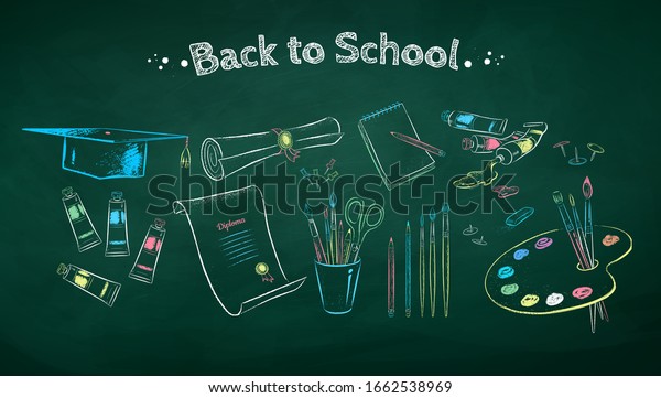 Vector color chalk drawn\
illustration collection of art students supplies on green\
chalkboard background.
