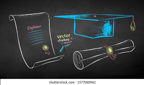 Vector color chalk drawn illustrations set of mortarboard and diploma scrolls on black chalkboard background.