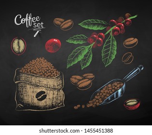 Vector color chalk drawn set of illustrations of coffee beans, berries and scoop on chalkboard background.