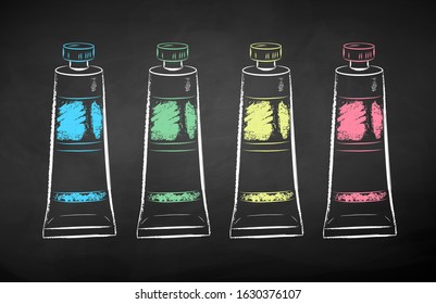 Vector color chalk drawn set of paint tubes on chalkboard background.