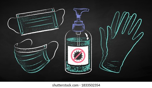 Vector color chalk drawn set collection of sanitizer bottle, face masks and rubber gloves on black chalkboard background.