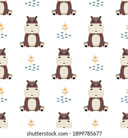 vector color childish seamless pattern with hippos and plants in scandinavian style on white background, cute baby animals, print for kids with animals
