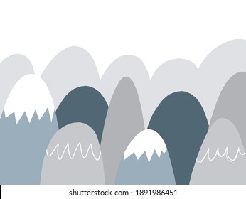 Niñez de color vectorial dibujado a mano doodle ilustración de montaña al estilo escandinavo. Paisaje montañoso. Papel tapiz infantil. Paisaje montañoso, diseño de habitaciones para niños, decoración de pared.