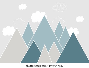 Vector color children hand drawn doodle mountain illustration in scandinavian style. Mountain landscape, clouds. Children's wallpaper. Mountainscape, children's room design, wall decor.