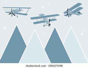 Vector color children hand drawn mountain, aircraft, plane and clouds illustration in scandinavian style. Mountain landscape. Children's wallpaper. Mountainscape, children's room design, wall decor.