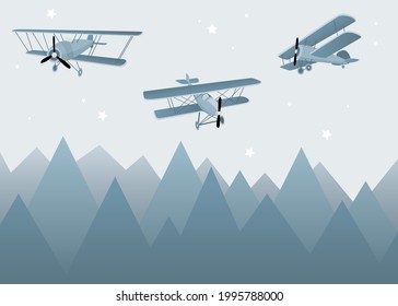 Vector color children hand drawn mountain, aircraft, plane and stars illustration in scandinavian style. Mountain landscape. Children's wallpaper. Mountainscape, children's room design, wall decor.