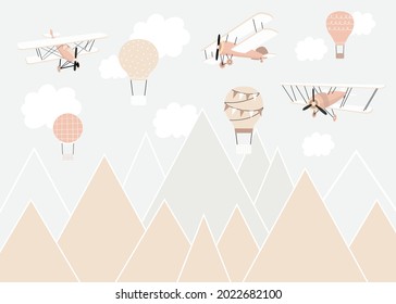 Vector color children hand drawn mountain, aircraft, plane and stars illustration in scandinavian style. Mountain landscape. Children's wallpaper. Mountainscape, children's room design, wall decor.