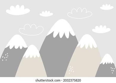 Vector color children hand drawn doodle mountain illustration in scandinavian style. Mountain landscape, clouds. Children's wallpaper. Mountainscape, children's room design, wall decor.