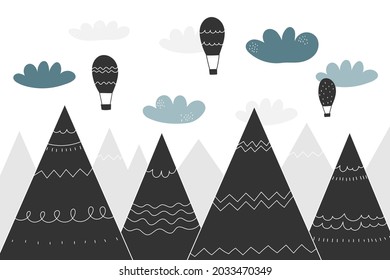 Vector color children hand drawn mountain, air balloon and clouds illustration in scandinavian style. Mountain landscape. Children's wallpaper. Mountainscape, children's room design, wall decor.