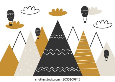 Vector color children hand drawn mountain, air balloon and clouds illustration in scandinavian style. Mountain landscape. Children's wallpaper. Mountainscape, children's room design, wall decor.