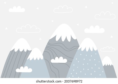 Vector color children hand drawn doodle mountain illustration in scandinavian style. Mountain landscape, clouds. Children's wallpaper. Mountainscape, children's room design, wall decor.