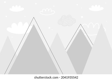 Vector color children hand drawn doodle mountain illustration in scandinavian style. Mountain landscape, clouds. Children's wallpaper. Mountainscape, children's room design, wall decor.