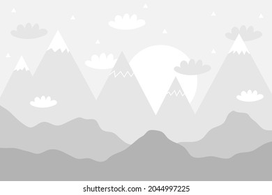 Vector color children hand drawn doodle mountain illustration in scandinavian style. Mountain landscape, clouds. Children's wallpaper. Mountainscape, children's room design, wall decor.