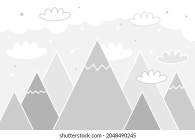 Vector color children hand drawn doodle mountain illustration in scandinavian style. Mountain landscape, clouds. Children's wallpaper. Mountainscape, children's room design, wall decor. Mural.