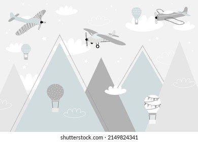 Los niños de color vectorial dibujaron a mano la montaña, la aeronave, el avión y las estrellas ilustrando al estilo escandinavo. Paisaje montañoso. Papel tapiz infantil. Paisaje montañoso, diseño de habitaciones para niños, decoración de pared.